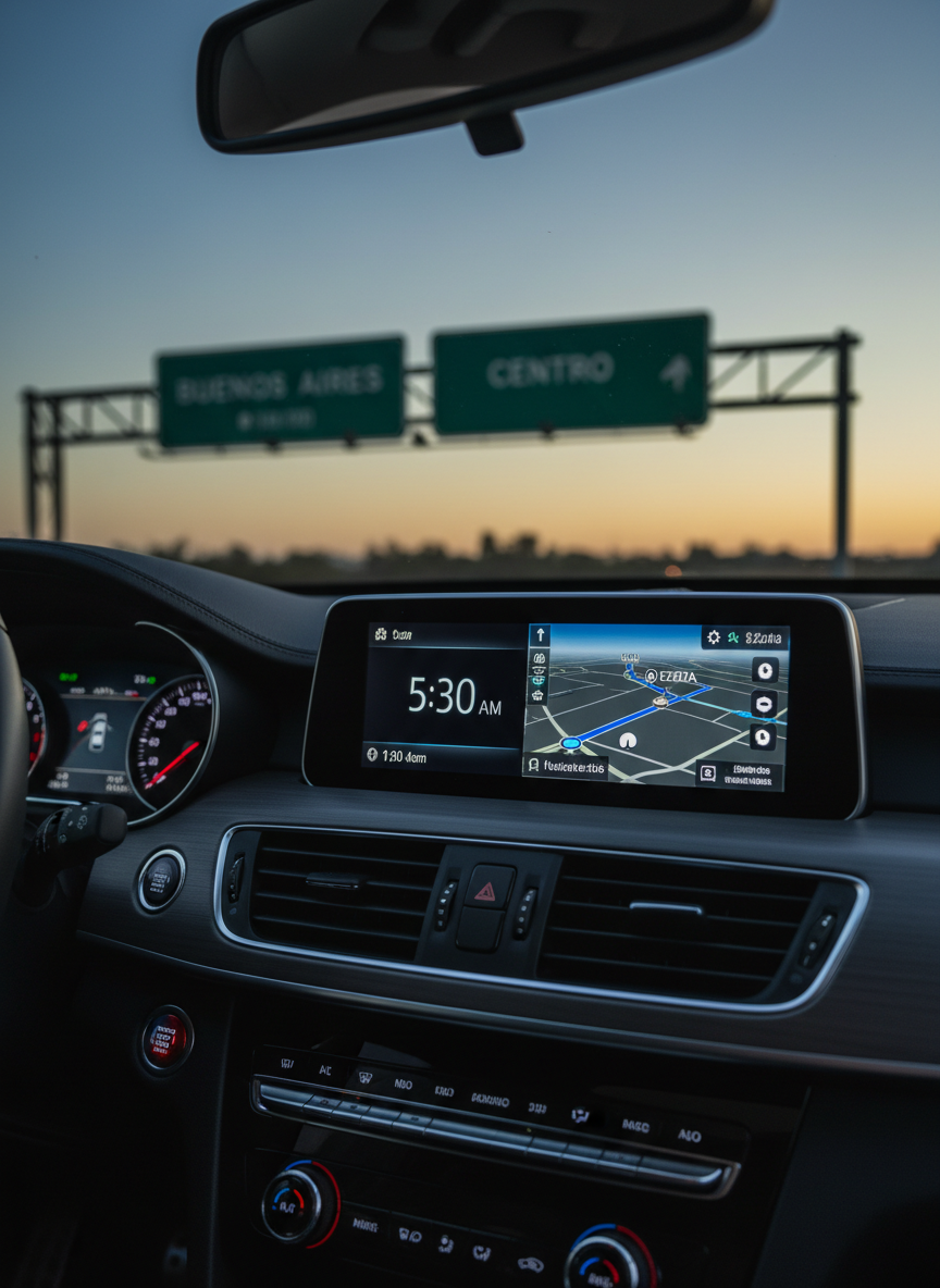 A refined close-up of a glossy car dashboard at dawn, with a digital clock clearly displaying an early hour and a GPS screen oriented toward “Ezeiza” along a highlighted route. Outside the windshield, the iconic outline of Buenos Aires’ highway signage appears softly blurred, with the sky shifting from deep blue to pale gold. Gentle, cool ambient light from the screen contrasts with the faint warmth of the rising sun, creating a balanced, high-end atmosphere. The composition uses a tight, cinematic crop, emphasizing instrumentation, precision, and punctuality. Photographic realism with a sophisticated, minimalist aesthetic reinforces the idea of 24-hour availability and precise timing for airport transfers without any human presence.