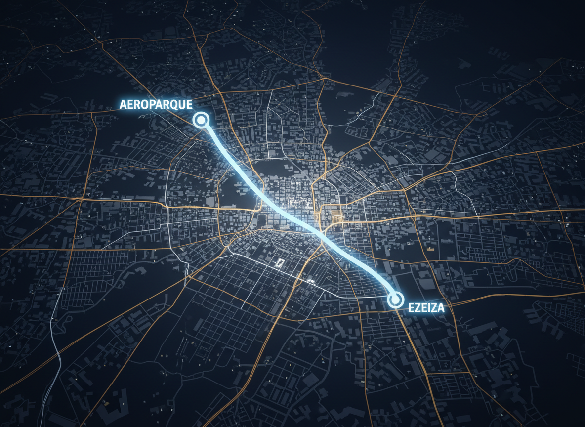 A stylized, overhead photographic view of Buenos Aires at night, focusing on a sharply rendered route line glowing softly from a generic central neighborhood to two highlighted points labeled “Ezeiza” and “Aeroparque.” The surrounding city grid is suggested through elegant, dark-toned streets and minimal geometric building shapes, all subtly lit with cool, refined tones. Warm golden highlights trace main avenues, emphasizing connectivity and flow. The composition is clean and modern, with a sophisticated color palette of deep blues, charcoal, and soft whites. Soft, diffused light gives the scene a polished, almost glossy map-like appearance. The mood is professional, precise, and reliable, perfectly evoking 24-hour transfer coverage across the metropolitan area.