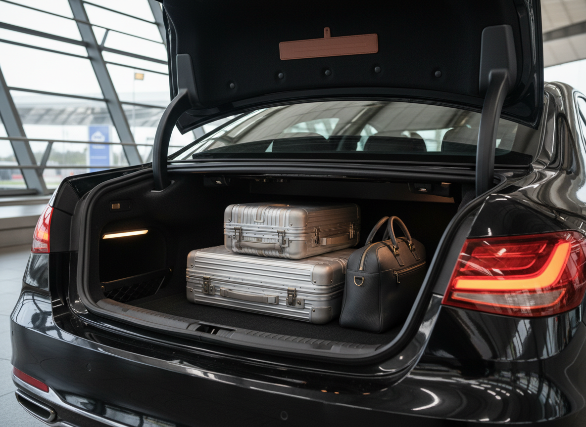 The trunk of a premium black sedan opened to reveal a perfectly organized luggage area with two medium-sized hard-shell suitcases in neutral metallic tones, neatly aligned, and a smaller elegant carry-on bag. The trunk interior is spotless, with dark carpeting and subtle ambient lighting integrated along the sides, casting a gentle glow on the luggage surfaces. The exterior paint of the car reflects faint hints of an airport terminal structure, softly blurred in the background. Captured at a low, slightly angled perspective in photographic realism, the composition highlights space, order, and care. The atmosphere feels calm, reliable, and sophisticated, suggesting comfortable transfers to and from Buenos Aires airports at any hour.