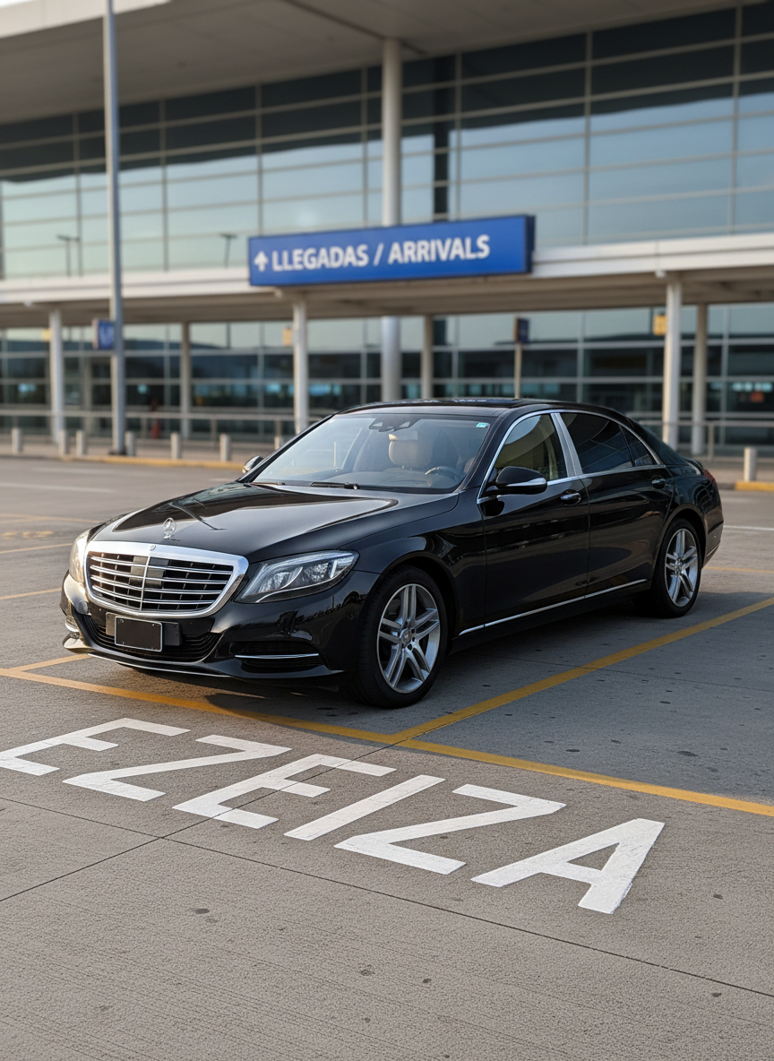 A sleek black executive sedan with subtle chrome accents, spotless and polished to a mirror finish, parked precisely at a clearly marked airport pick-up lane labeled “Ezeiza.” Overhead signage in Spanish indicates arrivals, with crisp blue and white colors echoing Buenos Aires’ identity. The background shows a modern terminal façade with large glass panels, softly blurred to keep focus on the vehicle. Late afternoon golden light washes over the scene, creating refined reflections on the car’s surface and long, elegant shadows on the clean pavement. Photographed at eye level with a slight three-quarter angle, in photographic realism, the composition feels sophisticated, organized, and reliable, perfectly evoking premium 24-hour airport transfer service without any human presence.