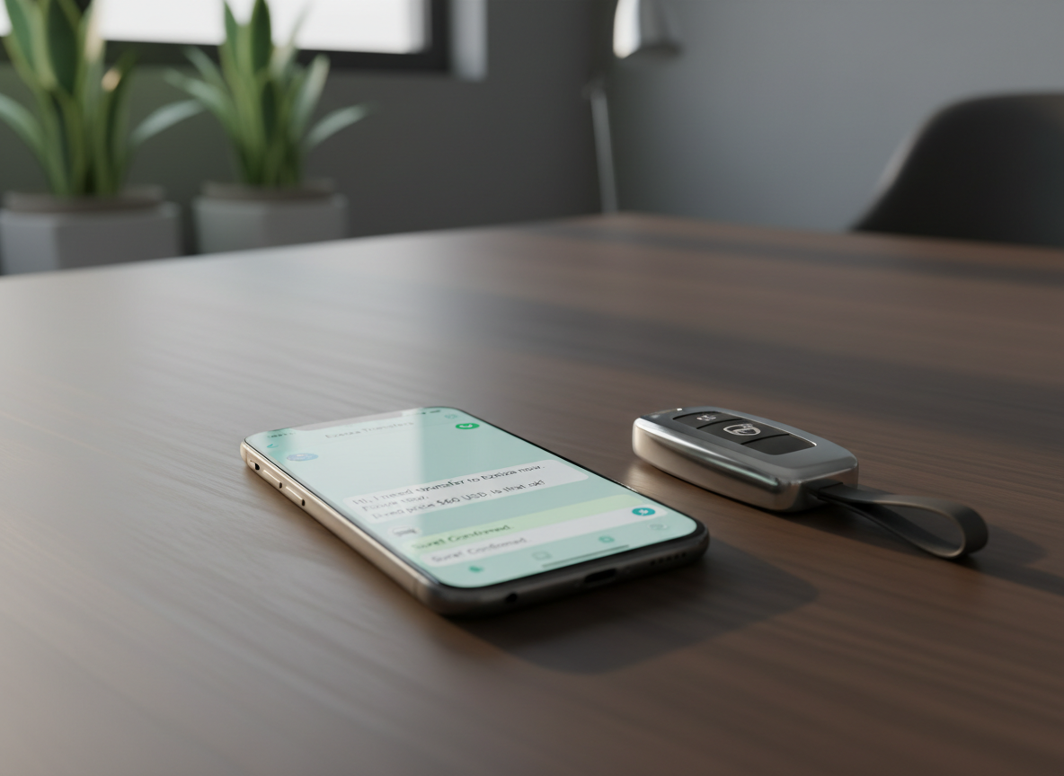 A modern smartphone resting on a minimalist dark wood desk, screen glowing with an open WhatsApp chat window that clearly shows a composed message requesting a transfer to Ezeiza with a transparent, fixed price. Next to the phone lies a small metallic car key fob with a luxury-style design, hinting at premium vehicles. Soft late-morning natural light filters in from an unseen window, casting gentle shadows and creating subtle reflections on the phone’s glass surface. The background is softly blurred, suggesting an elegant, uncluttered office environment. Shot from a slightly elevated angle with photographic realism, the atmosphere feels efficient, trustworthy, and modern, reinforcing the ease of booking transfers by WhatsApp with clear pricing.